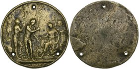 The Master IO. F. F., The Triumph of Prudence (allegory of woman on a dragon), bronze plaquette, late 15th century, female figure seated on dragon and...