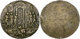 The Master IO. F. F., The Death of Marcus Curtius, bronze plaquette (unsigned), late 15th century, Marcus Curtius on horseback, plunging into the chas...