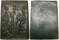 Moderno, The Crucifixion, bronze plaquette, late 15th century, Christ crucified between the two thieves; St John and the fainting Virgin lower left an...