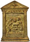 After Moderno, The Dead Christ supported by the Virgin and St. John, bronze-gilt pax, 16th century, the scene set within architectural frame, the pedi...