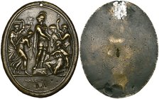 Valerio Belli, The Apotheosis of Scipio, bronze oval plaquette, the Roman general Scipio Africanus standing on plinth flanked by six figures; signed b...