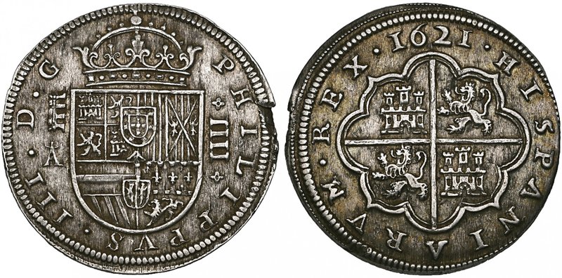 Spain, Felipe III (1598-1621), Segovia, 4-reales, 1621 A, crowned shield, rev., ...