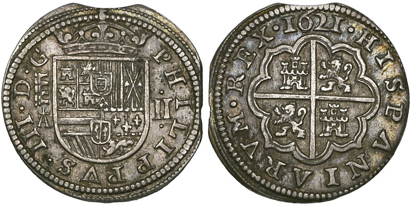 Spain, Felipe III, Segovia, 2-reales, 1621, A, crowned shield, rev., arms of Cas...