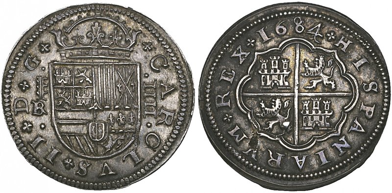 Spain, Carlos II, Segovia, 4-reales, 1684/3 Br, crowned shield, rev., arms of Ca...