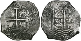 Bolivia, Carlos II, Potosí, cob 8-reales, 1683 V, crowned shield, rev. waves and pillars, 26.78g (Cal. 365), slightly porous on reverse, otherwise cle...