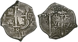 Bolivia, Carlos II, Potosí, cob 4-reales, 1698 F, crowned shield, rev. waves and pillars, 13.43g. (Cal. 528), struck on an irregular flan, date and as...