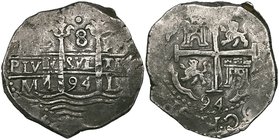 Peru, Carlos II, Lima, cob 8-reales (3), waves and pillars type, 1693 V, 1694 M, 1695 R, 23.13g, 23.13g, 26.76g (Cal. 237; 238; 239), first a little b...