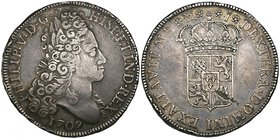 Spain, Felipe V, Madrid, 8-reales, 1709 J, bust right, rev. crowned shield, 26.84g (Cal. 677), a few minor rim knocks and metal flan flaw on reverse, ...