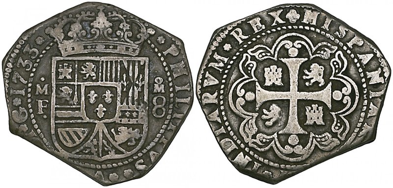 Mexico, Felipe V, Mexico City, klippe 8-reales, 1733 MF, 26.51g (Cal. 768), very...