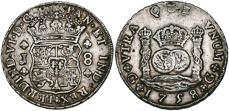 Guatemala, Fernando VI, pillar coinage 8-reales, 1758 J, 27.10g (Cal. 293), very...