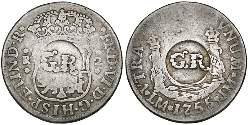 Peru, Fernando VI, Lima, pillar 2-reales, 1755 JM, stamped on both sides with GR...