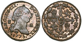 Spain, Carlos III, Madrid, 1-maravedi, 1770, Segovia, 2-maravedis, 1775, (Cal. 1862; 1917), both with traces of lustre, first good extremely fine or b...