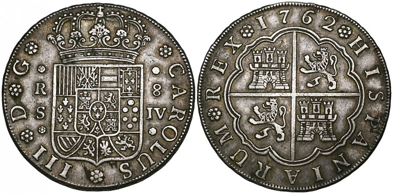 Spain, Carlos III, Seville, 8-reales, 1762, jv, crowned shield, rev., arms of Ca...