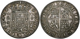 Spain, Carlos III, Seville, 8-reales, 1762, jv, crowned shield, rev., arms of Castille and Leon, 26.95g (Cal. 1032), toned, good very fine and clear
...