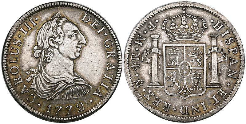Mexico, Carlos III, Mexico City, portrait coinage, 4-reales, 1772 fm (inverted),...