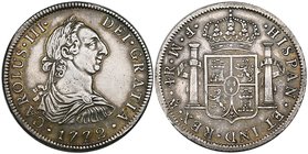 Mexico, Carlos III, Mexico City, portrait coinage, 4-reales, 1772 fm (inverted), 13.45g (Cal. 1133), few file marks and obverse lightly polished, othe...