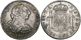 Chile, Carlos IV, Santiago, portrait 8-reales, 1791, da, 26.90g (Cal. 735; 745) some surface marks, otherwise attractively toned, very fine

Estimat...