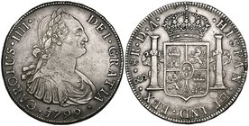 Chile, Carlos IV, Santiago, portrait 8-reales, 1799, da, 26.88g (Cal.747), hairlines, faint scratch and slightly weak on chest, very fine, reverse str...