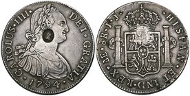 *Peru, Carlos IV, Lima, portrait 8-reales, 1794, ij, with oval countermark of George III on obverse, 26.36g (Cal. 648), hairlines on bust and minor me...