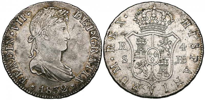 Spain, Fernando VII, Seville, 8-reales, 1816 CF, 4-reales 1832, JB, half-real, 1...