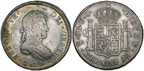 Chile, Fernando VII, Santiago, 8-reales (2), 1811, military bust, 1812, both FJ, first pierced and tooled, almost very fine, second better; 4-reales (...