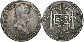 Peru, Fernando VII, Cuzco, 8-reales (2), 1824, T and G/T (Cal. 385; 387), 1-reales, 1824 T, 26.70g, 24.43g, 3.38g (Cal. 1098), first 1824 8-reales scr...
