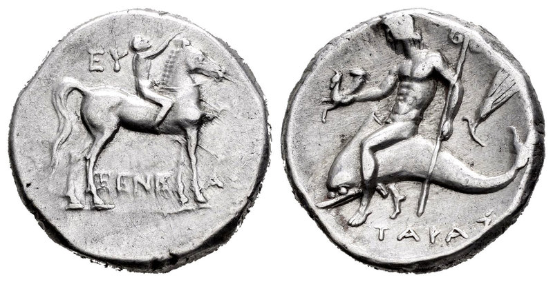 Calabria. Tarentum. Didracma. 272-235 a.C. (Sng ans-1171 similar). Anv.: Jinete ...