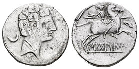 Sekoberikes. Denario. 120-30 d.C. Saelices (Cuenca). (Abh-2174). (Acip-1875). (C-10). Anv.: Cabeza masculina a derecha, detrás creciente y debajo letr...
