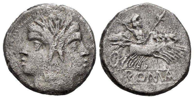 Anónima. Didracma - Quadrigato. 220-205 a.C. Roma. (S-24). Anv.: Cabeza laureada...