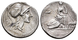 Anónima. Denario. 115-114 a.C. Italia Central. (Ffc-83). (Craw-287/1). (Cal-58). Anv.: Cabeza de Roma a derecha, detrás X, debajo ROMA. Rev.: Roma con...