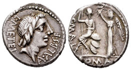 Caecilia. Denario. 96 a.C. Taller Auxiliar de Roma. (Ffc-212). (Craw-335-1a). (Cal-288). Anv.: Cabeza laureada de Apolo a derecha, delante A ALB SF, d...