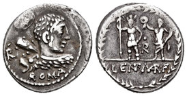 Cornelia. Denario. 100 a.C. Taller Auxiliar de Roma. (Ffc-617). (Cal-478). Anv.: Busto con maza en el hombro de Hércules visto por la espalda con letr...