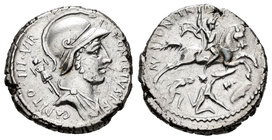 Fonteia. Denario. 55 a.C. Roma. (Ffc-723). (Craw-429-1). (Cal-1). Anv.: Busto de Marte a derecha, detrás trofeo y alrededor P FONTEIVS P F CAPITO III ...