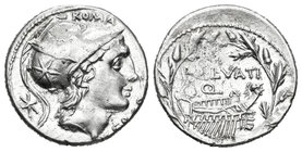 Lutatia. Denario. 109-108 a.C. Sur de Italia. (Ffc-828). (Craw-305/1). (Cal-914). Anv.: Cabeza de Apolo a derecha, detrás X, delante CERCO y encima RO...
