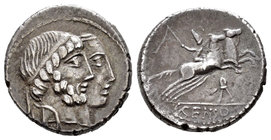 Marcia. Denario. 88 a.C. Incierta. (Ffc-854). (Cal-937). Anv.: Cabezas diademadas y yuxtapuestas de Numa Pompilius y Ancus Marcius a derecha. Rev.: Ji...