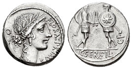 Servilia. Denario. 57 a.C. Roma. (Ffc-1122). (Craw-423-1). (Ffc-1280). Anv.: Cabeza laureada de Flora a derecha con lituo detrás y delante FLORAL PRIM...