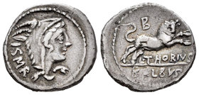 Thoria. Denario. 105 a.C. Norte de Italia. (Ffc-1141). (Craw-316/1). (Cal-1300). Anv.: Cabeza de Juno Sospita a derecha, cubierta con piel de cabra, d...