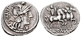 Vargunteia. Denario. 130 a.C. Roma. (Ffc-1183). (Craw-257/1). (Cal-1339). Anv.: Cabeza de Roma a derecha, delante X, detrás M VARG. Rev.: Júpiter en c...