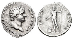 Tito. Denario. 74-79 d.C. Roma. (Spink-2444). (Ric-874). (Seaby-106). Rev.: IOVIS CVSTOS. Júpiter en pie desnudo, con cetro y pátera, a sus pies altar...