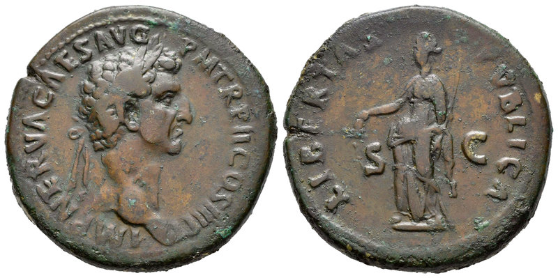 Nerva. Sestercio. 97 d.C. Roma. (Spink-3050). (Ric-86). Anv.: IMP NERVA CAES AVG...