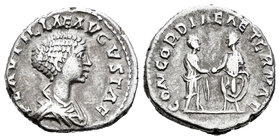 Plautilla. Denario. 220 d.C. Roma. (Spink-7069). (Ric-361). Rev.: CONCORDIAE AETERNAE. Caracalla y Plautilla enfrentados, dándose la mano. Ag. 3,45 g....