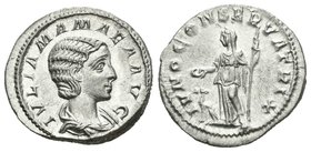 Julia Mamea. Denario. 222 d.C. Roma. (Spink-8212). (Ric-343). Rev.: IVNO CONSERVATRIX. Juno con pátera y cetro, a sus pies pavo real. Ag. 3,26 g. EBC+...