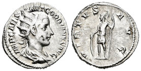 Gordiano III. Antoniniano. 238-9 d.C. Roma. (Spink-8668). (Ric-6). Rev.: VIRTVS AVG. Virtus en pie a izquierda con escudo y lanza. Ag. 4,41 g. MBC+. E...
