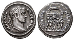 Maximiano Hércules. Argenteo. 295-297 d.C. Roma. (Ric-27b). Anv.: MAXIMIANVS AVG. Cabeza laureada a derecha. Rev.: VIRTVS MILITVM. Cuatro príncipes co...