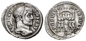 Constancio I. Argenteo. 295-7 d.C. Roma. (Spink-13959). (Ric-353/4). Rev.: VIRTVS MILITVM / A. Cuatro emperadores ceremoniando delante de entrada de c...