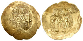 Isaac II. Hyperpyron. 1185-1195 d.C. Constantinopla. (Bc-2001). Anv.: Virgen entronizada de frente. Rev.: Isaac II sosteniendo una cruz con el arcánge...