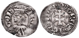 Corona de Aragón. Pedro III (1336-1387). Dinero. Aragón. (Cr-463). Anv.: ARA-GON. Busto coronado a izquierda. Rev.:  PETRUS DEI GRA REX. Cruz patriarc...