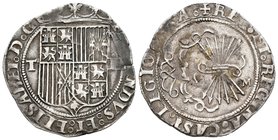 Fernando e Isabel (1474-1504). 2 reales. Toledo. (Cal-278). Ag. 6,73 g. Escudo entre T y valor II, marca M en reverso. Escasa. MBC+. Est...220,00.