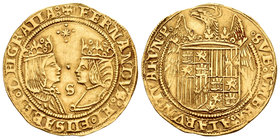 Fernando e Isabel (1474-1504). Doble excelente. Sevilla. (Cal-69). (Tauler-172). Anv.: +FERNANDVS:ET·ELISABET·DEIGRATIA:S entre bustos y encima estrel...