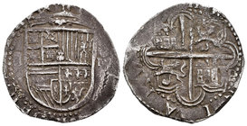 Felipe II (1556-1598). 4 reales. Sevilla. (Cal-391). Ag. 13,51 g. Flor de lis entre escudo y corona. Ensayador d cuadrada en reverso. MBC-. Est...90,0...
